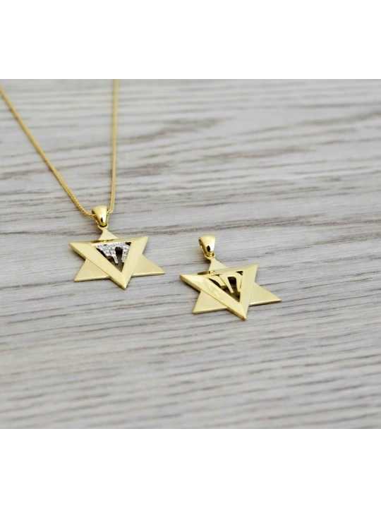 Pendentif moderne Chai Gold Star of David Jaune , Tu B'Av Gifts , Israël