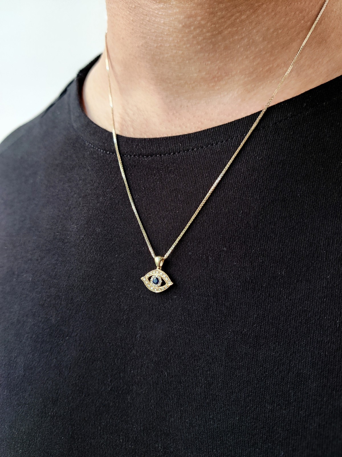 Collier classique en diamant et or massif contre le mauvais œil W, ajouter une chaîne 14 carats, I