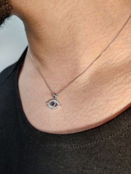 Pendentif Evil Eye en or blanc 14 carats et diamants avec S, ajouter une chaîne 14 carats, I