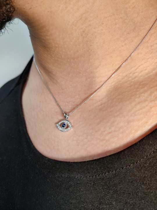Pendentif Evil Eye en or blanc 14 carats et diamants avec S, ajouter une chaîne 14 carats, I