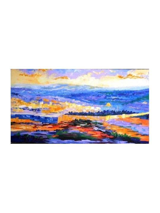 Couleurs bleu et orange Peinture moderne de Jérusalem , Cadeaux Tu B'Av , I