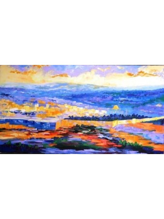 Couleurs bleu et orange Peinture moderne de Jérusalem , Cadeaux Tu B'Av , I