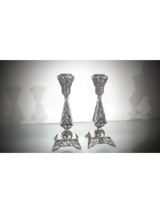 Chandeliers juifs en argent avec design en filigrane, canette en argent sterling