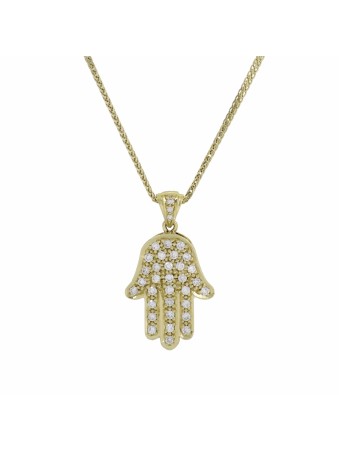 Small Hamsa Yellow Gold Necklace with Diamonds , Add 14K Chain , Israe