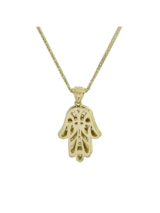 Small Hamsa Yellow Gold Necklace with Diamonds , Add 14K Chain , Israe