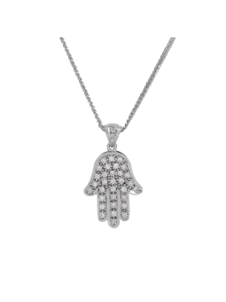 Tiny Hamsa White Gold Necklace with Diamonds , Add 14K Chain , Israeli