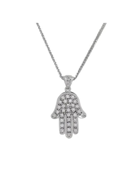 Tiny Hamsa White Gold Necklace with Diamonds , Add 14K Chain , Israeli