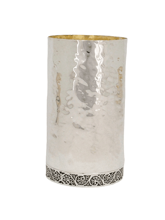 Hammered Silver Kiddush Cup with Filigree Base , Passover Gifts , Isra
