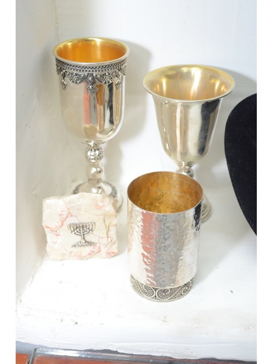 Coupe de Kiddouch en argent martelé avec base en filigrane, cadeaux de Pâque, Isra