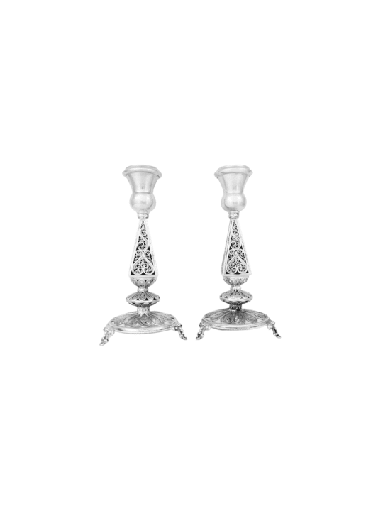 Triangular Filigree Shabbat Pure Silver Candlestic , Sterling Silver C