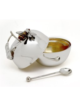 Nature Inspired Silver Honey Pot with Spoon , Rosh Hashanah Honey Dish