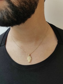 Yellow Gold Hamsa Pendant with Several Shiny Diamo , Tu B'Av Gifts , I