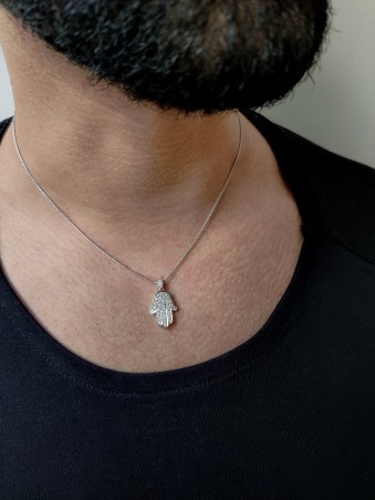 White Hamsa Necklace with Several Shiny Diamonds , Tu B'Av Gifts , Isr