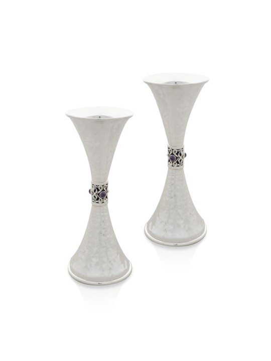 Mid Size Hammered Silver Candlesticks With Stones , Sterling Silver Ca