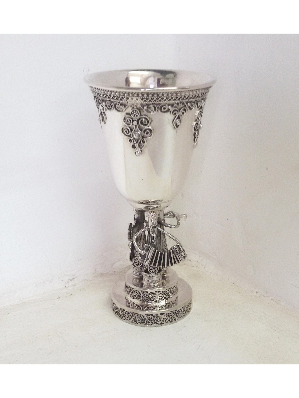 Silver Filigree Kiddush Cup with Klezmer Figurines , Passover Gifts ,