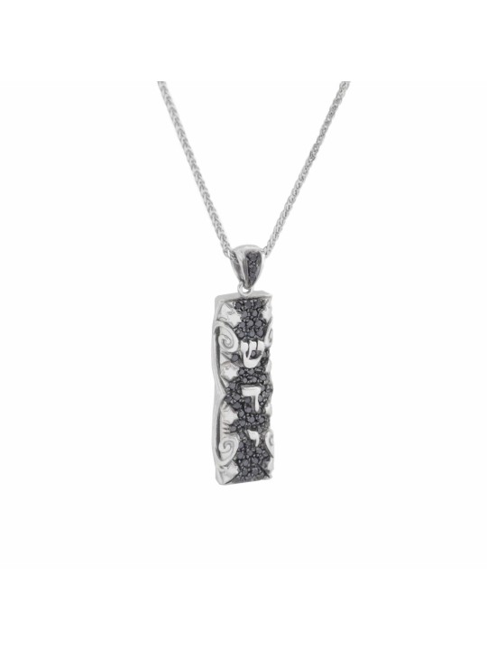 Mezouza en or blanc avec pendentif diamants noirs, ajouter une chaîne 14 carats, Israël