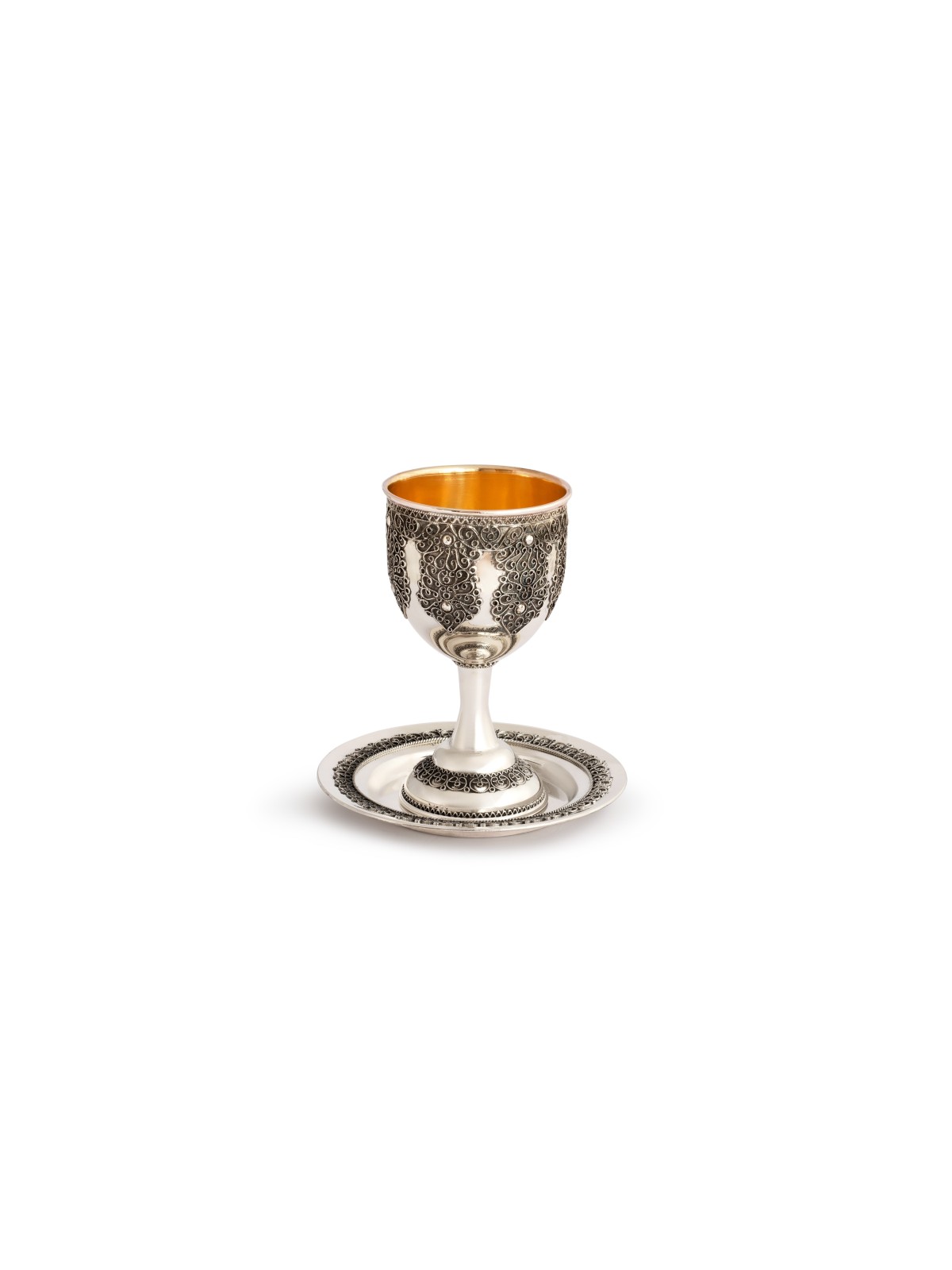 Round Kiddush Cup set with Intricated Filigree , Passover Gifts , Isra