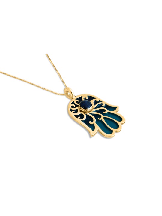 Hamsa Gold Necklace with Lapis Lazuli Stone , Tu B'Av Gifts , Israeli