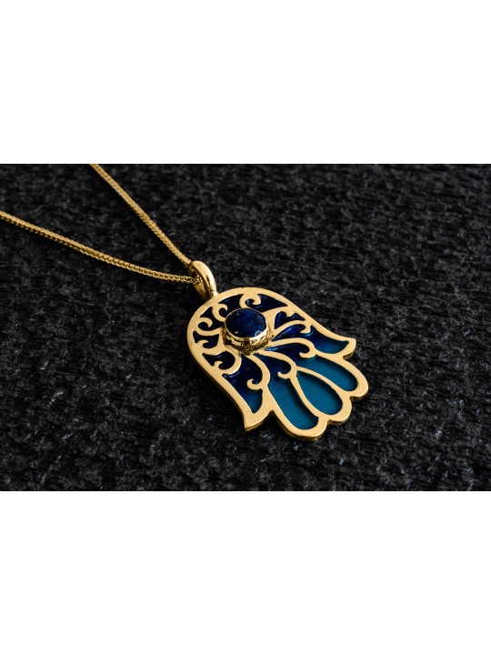 Hamsa Gold Necklace with Lapis Lazuli Stone , Tu B'Av Gifts , Israeli