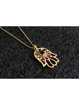 Enameled Gold Hamsa Necklace with Amethyst Stone , Tu B'Av Gifts , Isr