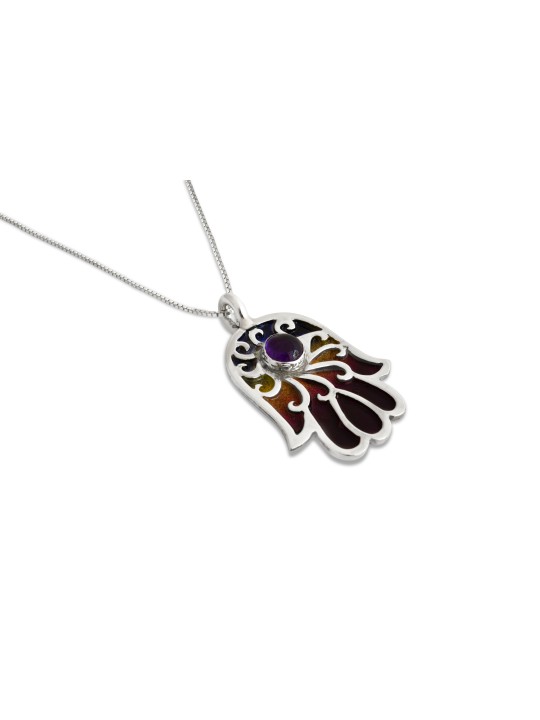 Collier Hamsa en or émaillé avec pierre d'améthyste, cadeaux Tu B'Av, Isr