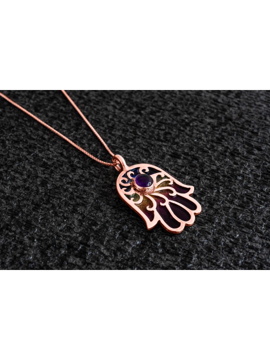Collier Hamsa en or émaillé avec pierre d'améthyste, cadeaux Tu B'Av, Isr