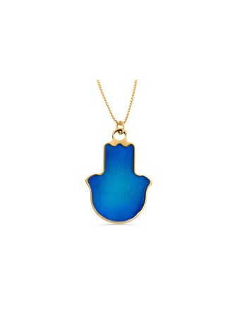 Blue Enamel Gold Hamsa Pendant , Tu B'Av Gifts , Israeli Judaica
