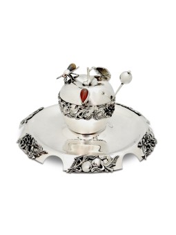 Flowers Sterling Silver Classic Honey Dish & Tray , Tu B'Av Gifts , Is