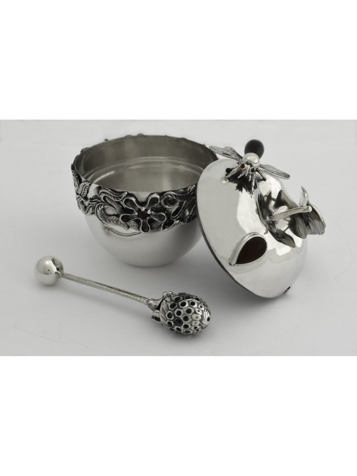 Flowers Sterling Silver Classic Honey Dish & Tray , Tu B'Av Gifts , Is
