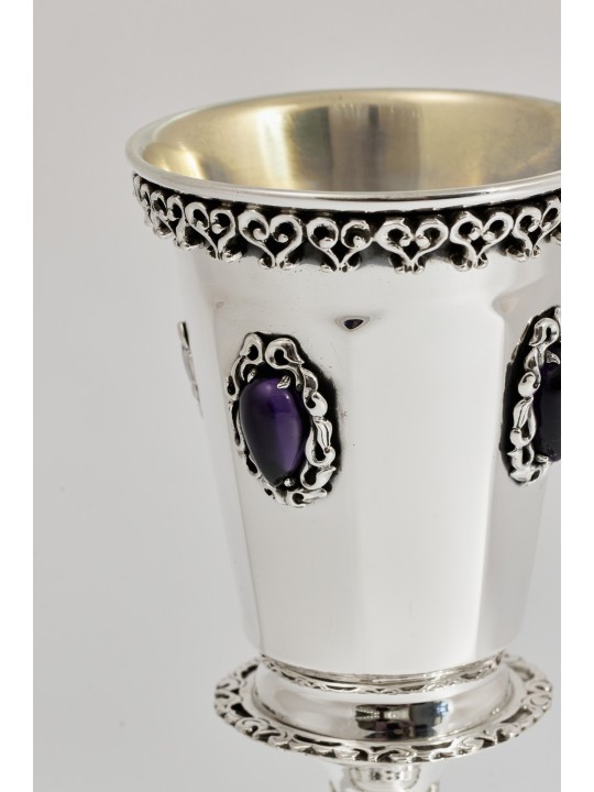Silver Octagonal Shape Kiddush Goblet with Amethys , Kiddush Cups , Is