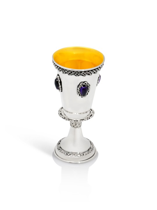 Silver Octagonal Shape Kiddush Goblet with Amethys , Kiddush Cups , Is