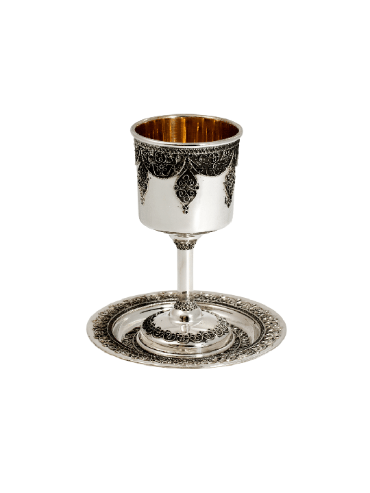 Elegant Silver Kiddush Goblet with Oxidized Filigr , Kiddush Cups , Is