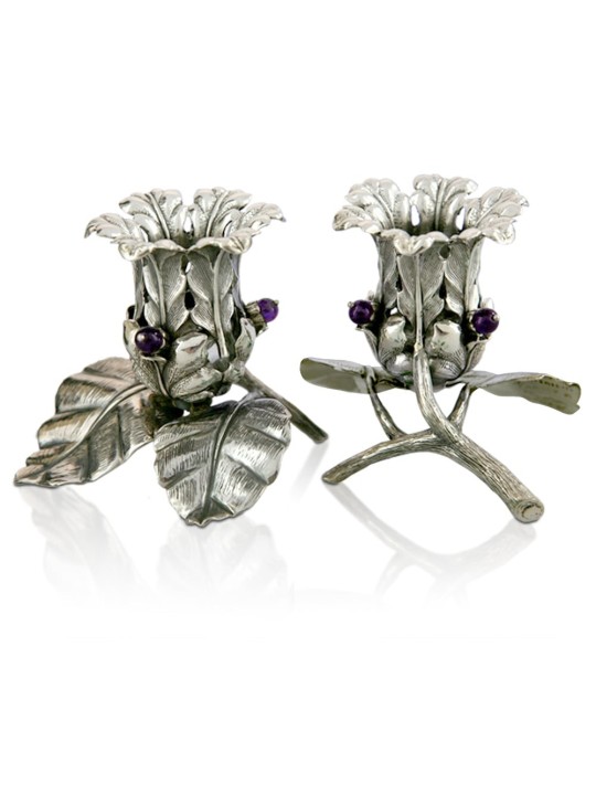 Bougeoirs à fleurs en argent sterling avec améthyste, argent sterling C