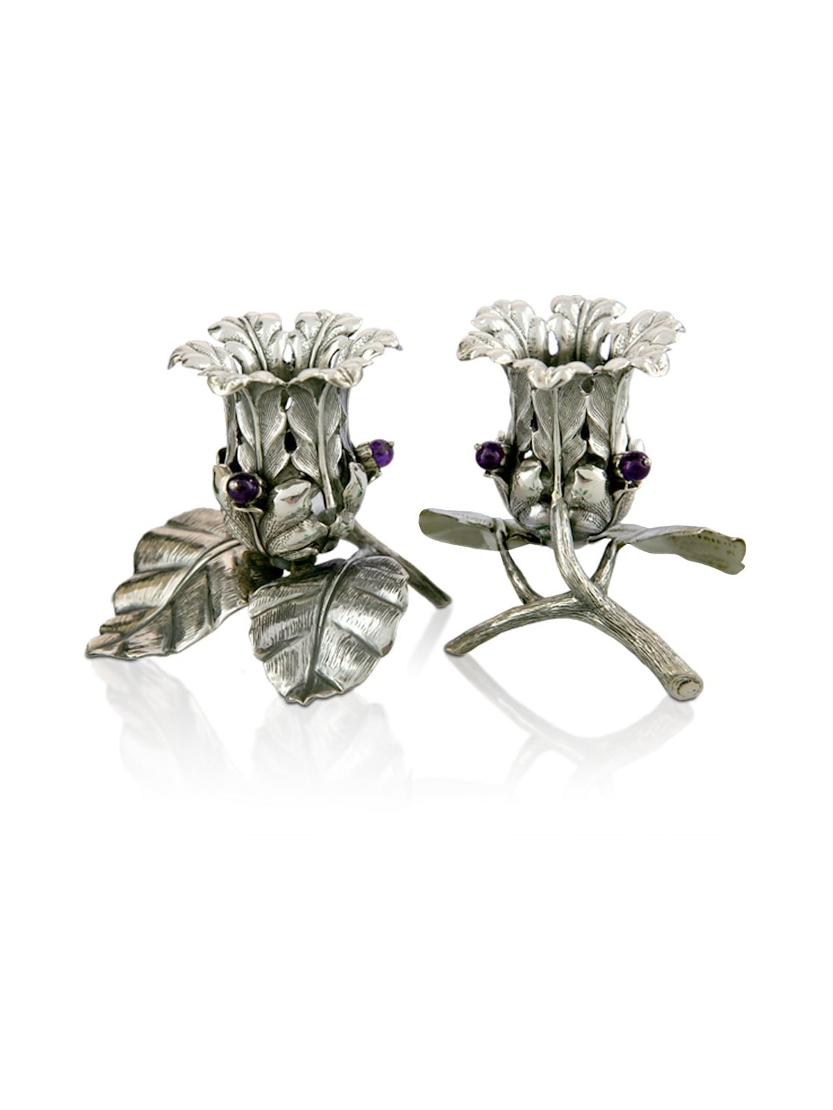 Bougeoirs à fleurs en argent sterling avec améthyste, argent sterling C