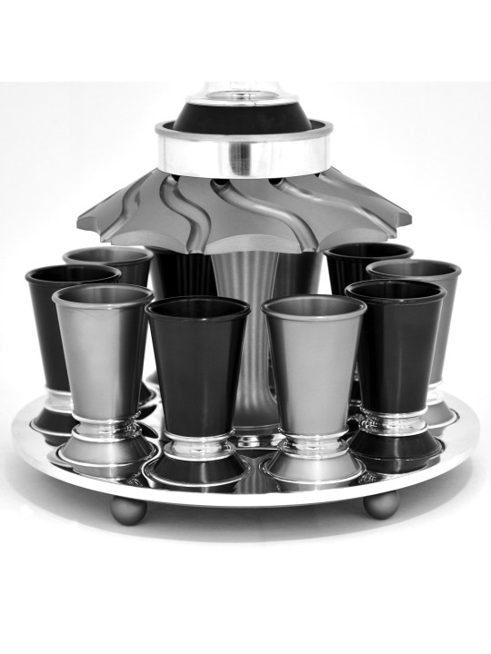 Fontaine à vin noir et gris avec 10 tasses à liqueur, fontaines Kiddouch,