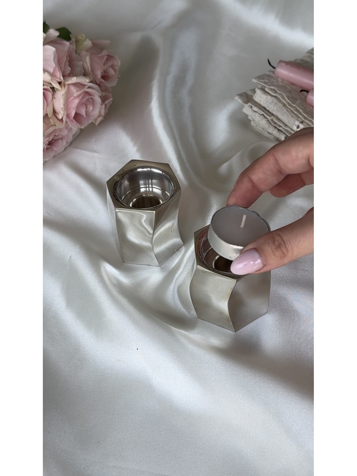 Mini bougeoirs géométriques modernes en argent massif pour bougies de Shabbat