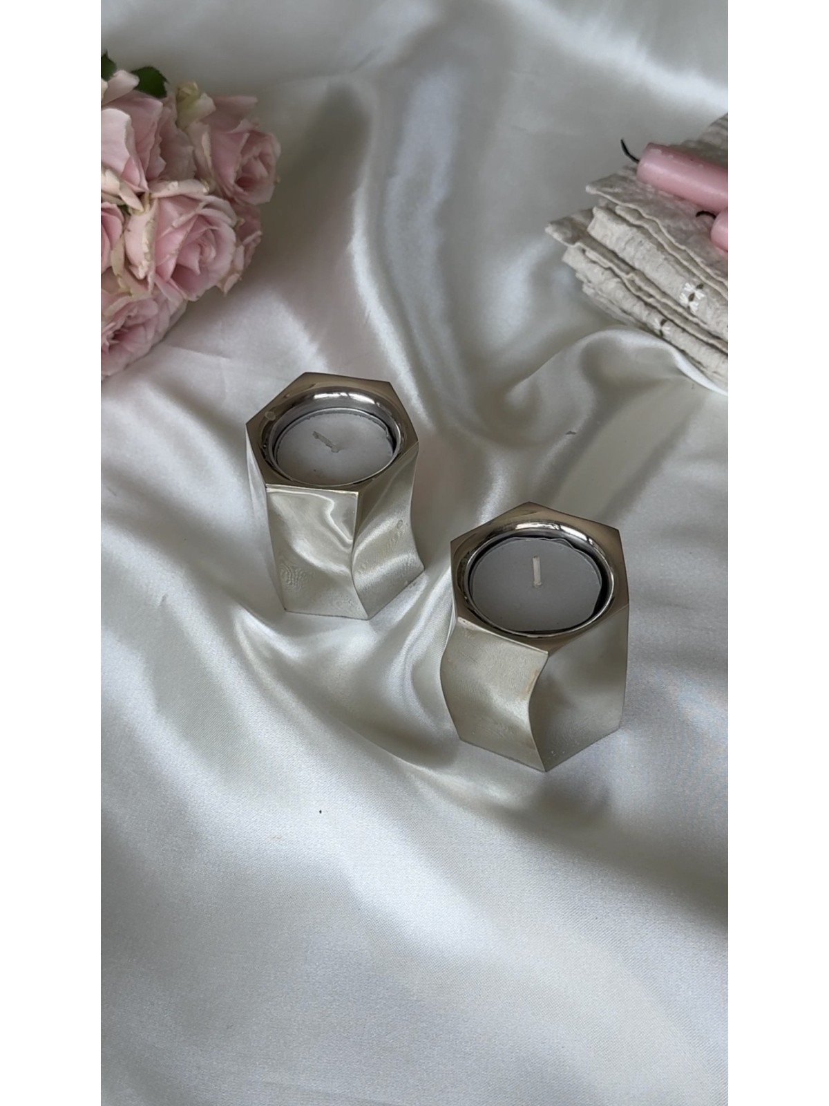Mini bougeoirs géométriques modernes en argent massif pour bougies de Shabbat