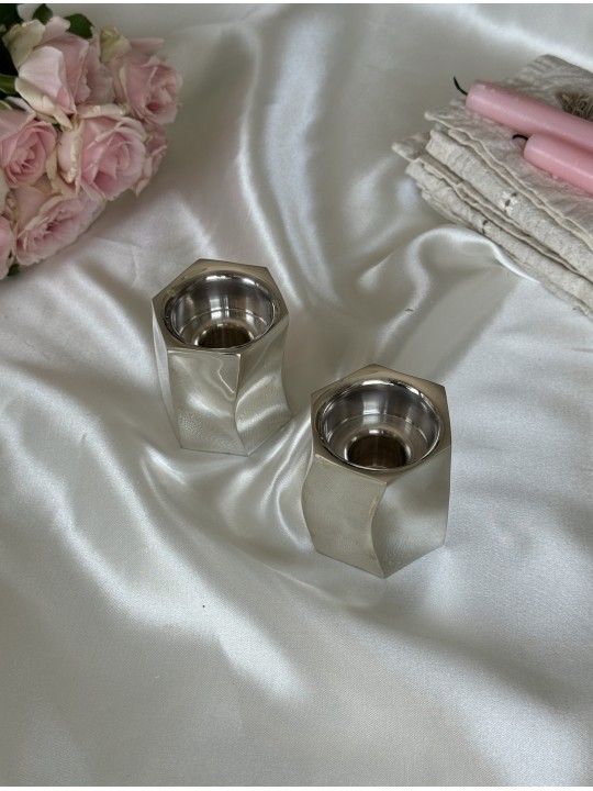 Mini bougeoirs géométriques modernes en argent massif pour bougies de Shabbat
