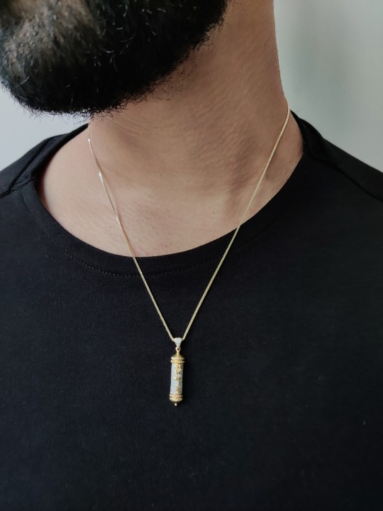 14k Yellow Gold Torah Scroll pendant with White Di , Tu B'Av Gifts , I