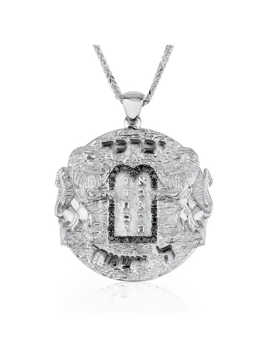 14K Gold Ten Commandments Necklace with Black Diam , Jerusalem Jewelry