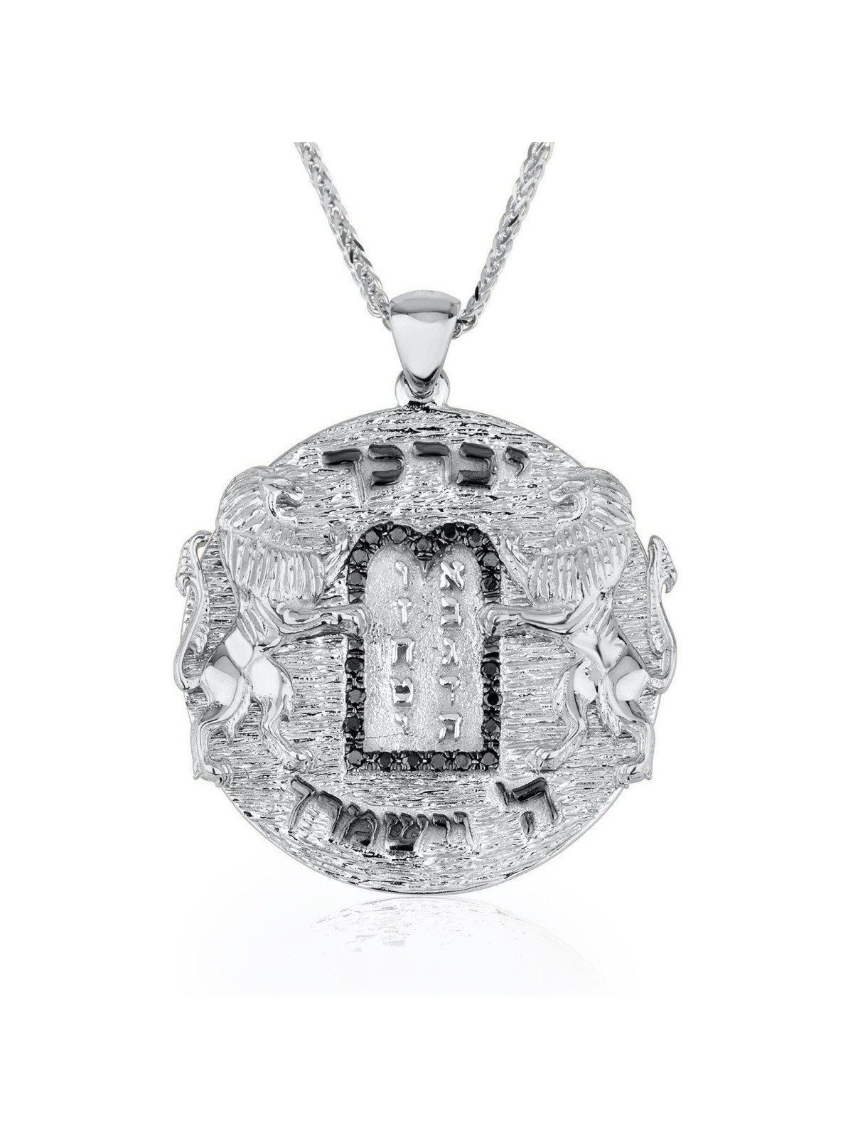 14K Gold Ten Commandments Necklace with Black Diam , Jerusalem Jewelry