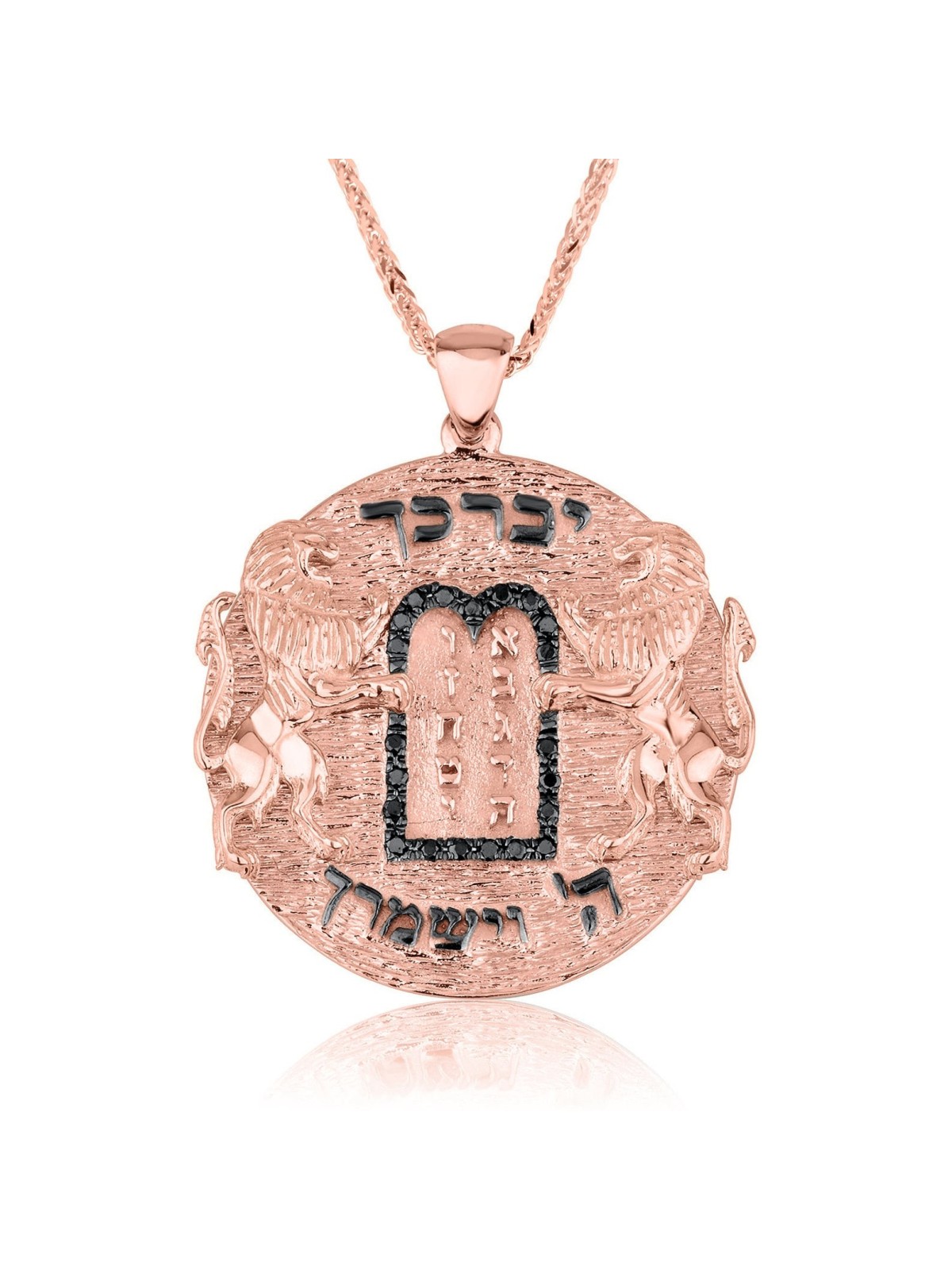 14K Gold Ten Commandments Necklace with Black Diam , Jerusalem Jewelry
