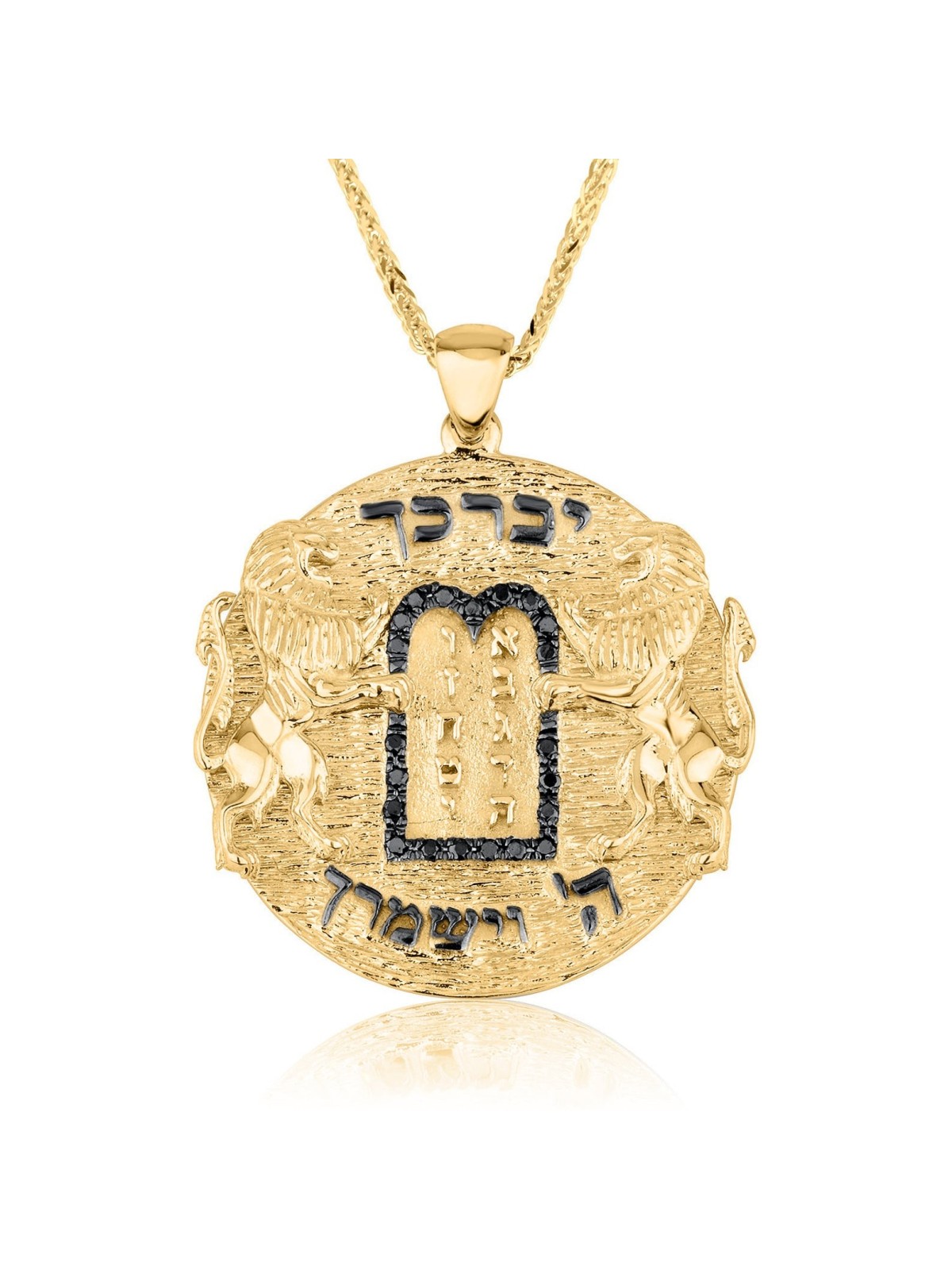 14K Gold Ten Commandments Necklace with Black Diam , Jerusalem Jewelry