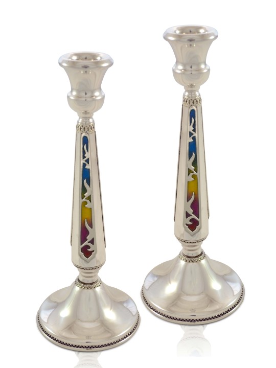 Large Colorful Enameled Candlesticks , Sterling Silver Candlesticks ,