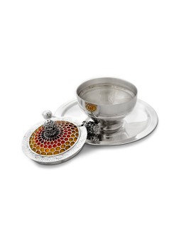 Silver Bee Hive Hammered Honey Dish with Tray , Tu B'Av Gifts , Israel