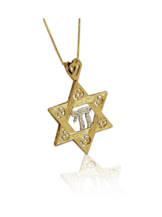 Gold Star of David pendant Chai Inside Diamonds , Tu B'Av Gifts , Isra