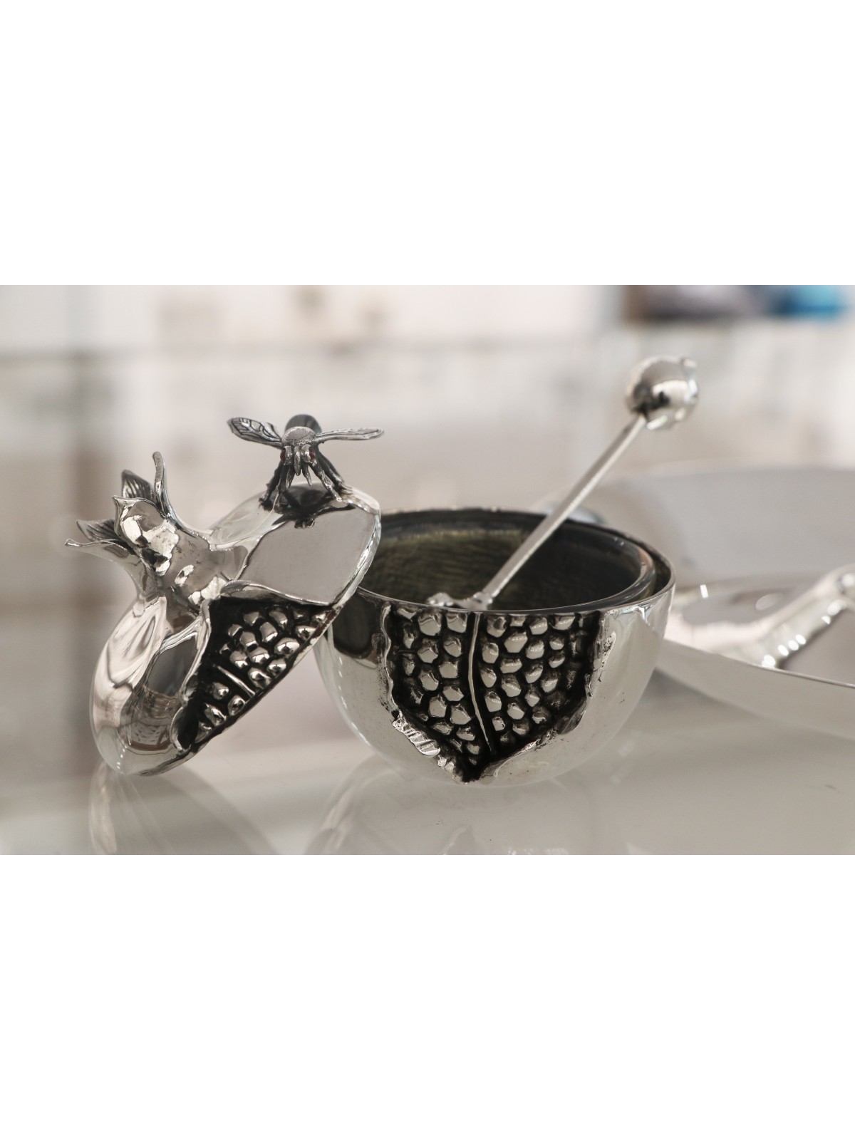 Silver Pomegranate Honey Dish Set , Jewish Wedding Gifts , Israeli Jud