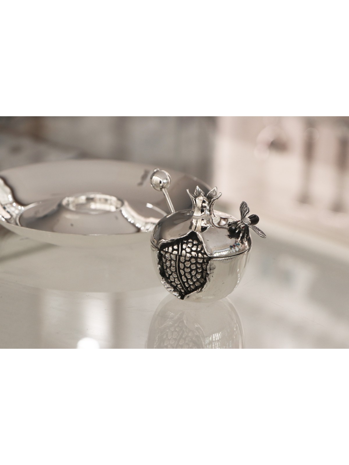 Silver Pomegranate Honey Dish Set , Jewish Wedding Gifts , Israeli Jud