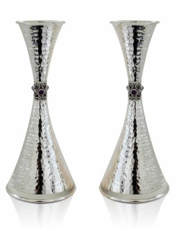 Bougeoirs en argent martelé avec pierres d'améthyste, argent sterling Ca