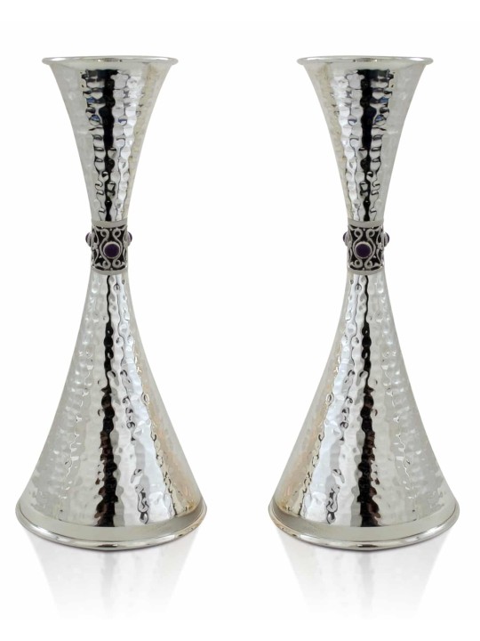 Hammered Silver Candlesticks with Amethyst Stones , Sterling Silver Ca